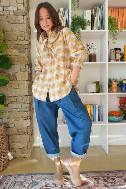 Agnes Plaid Brushed Cotton Neckerchief Blouse Soft Dijon